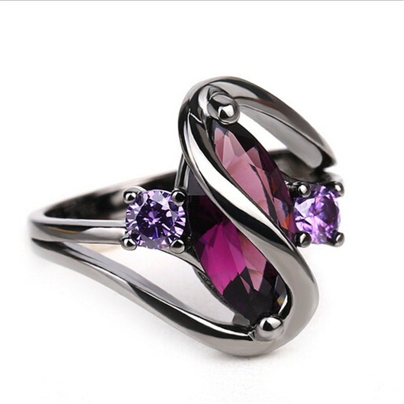 Hot Fashion Luxury Vintage Purple Zircon CZ Crystal Colorful Rings For Women Wedding Engagement Jewelry Black Gold Rings