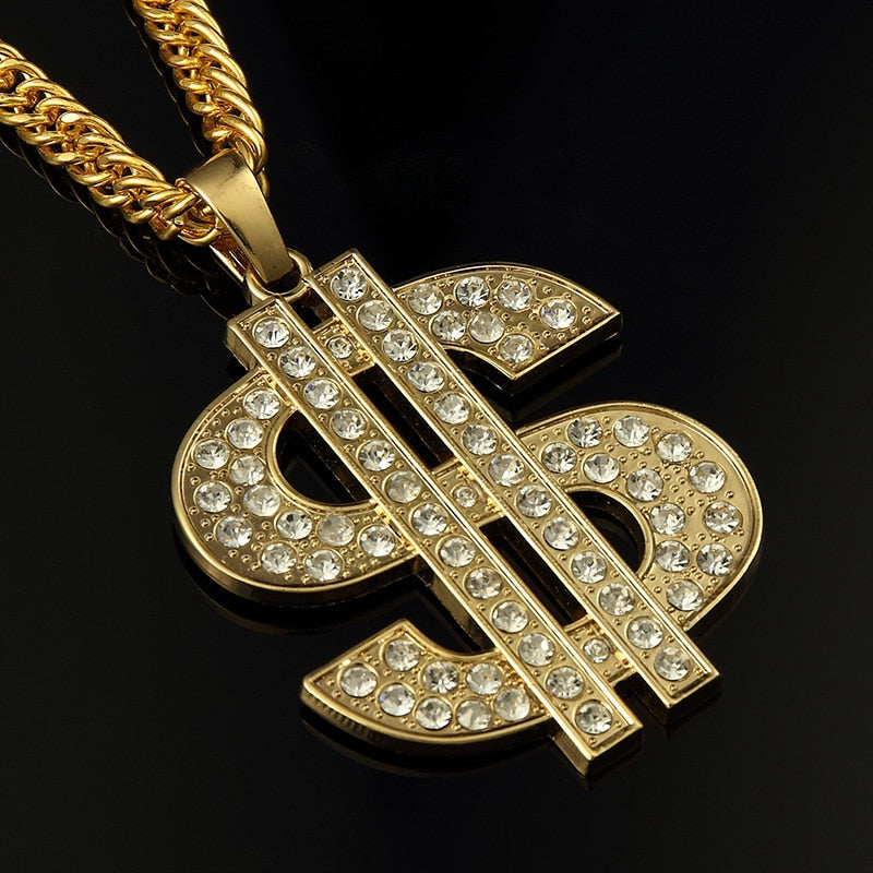 Ice Out Men Jewelry Big Dollar Pendant Necklace Gold Cuban Chain for Men Hip Hop Jewelry Long Necklace 80cm with Gift Box