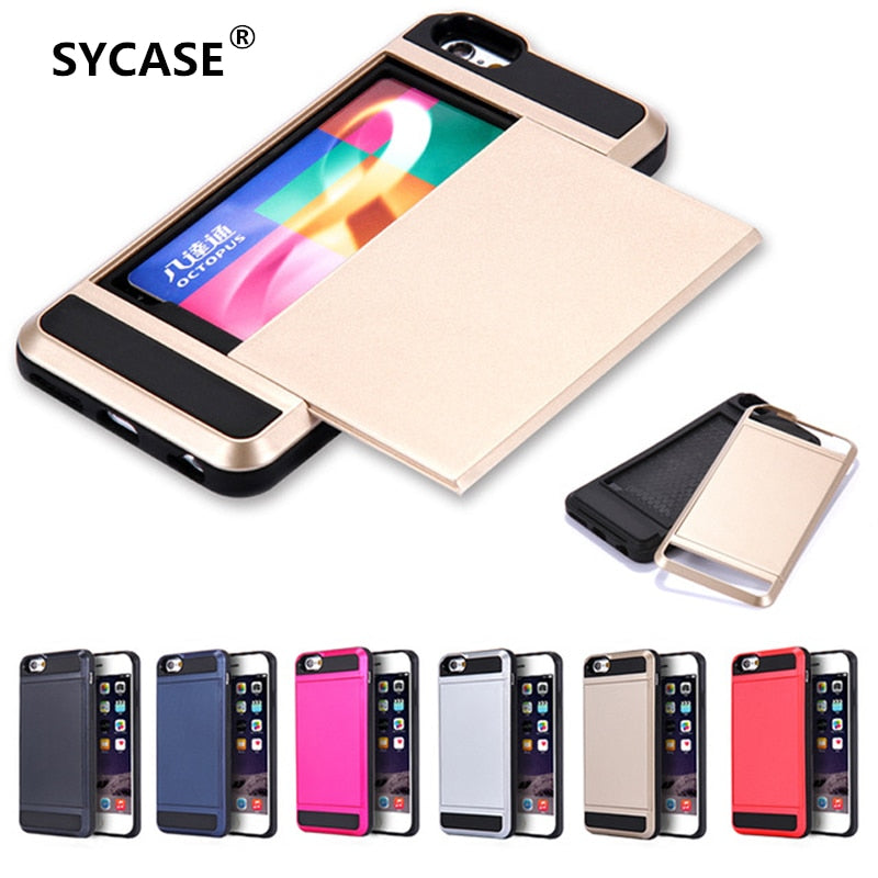 Luxury Dual Layer Hybrid Back Case With Slide Hide Card Holder for iphone 5 6 7 plus Hard Slim TPU Soft Armor Hybrid Back Cover