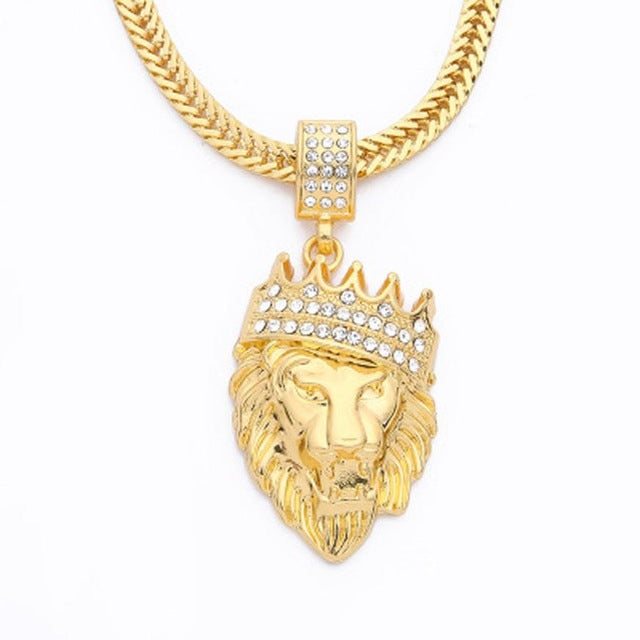 Mens Full Iced Rhinestone An Crown Lion Tag Necklaces Pendants Hip hop Cuban Chain Hip Hop Necklace Gold Jewelry For Male