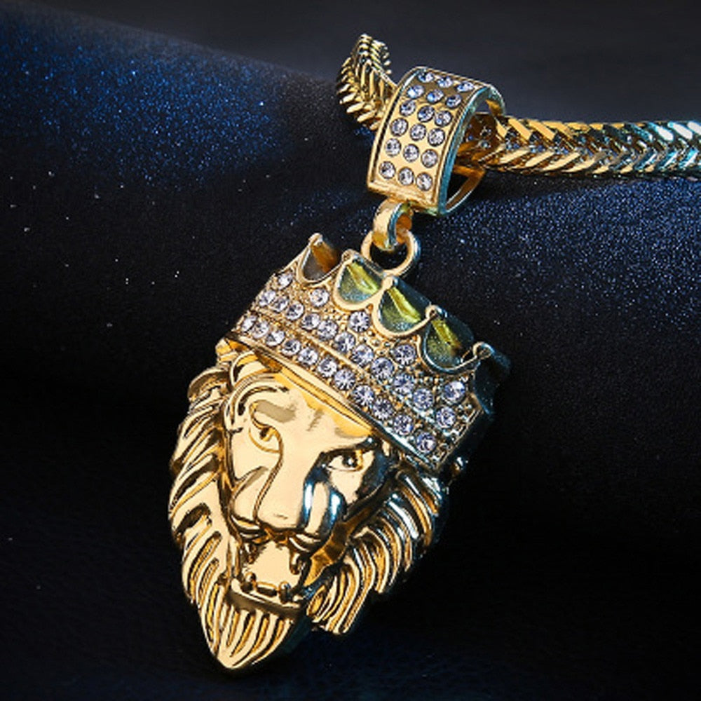 Mens Full Iced Rhinestone An Crown Lion Tag Necklaces Pendants Hip hop Cuban Chain Hip Hop Necklace Gold Jewelry For Male