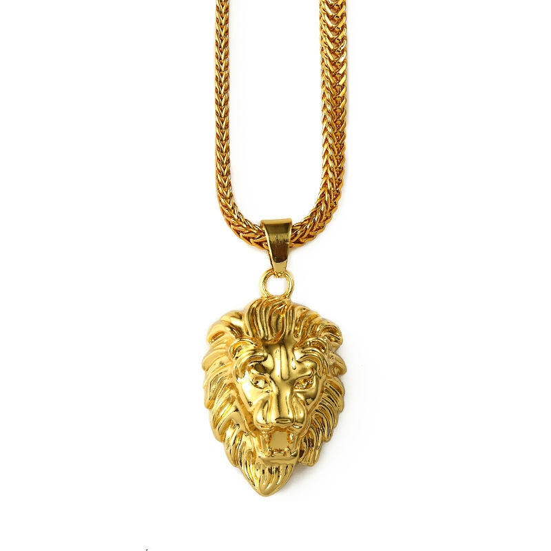 Mens Gold Lion Head Pendant Charm 29.5inch Franco Chain Hip Hop Golden Lion Pendant Necklace Men Women Elegant Gift Box