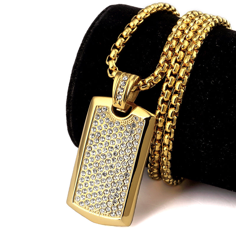 Men's Jewelry Smooth Card Pendant With Rhinestone High Quality Fashion Hip Hop Men Dog Tag Charm Necklace For Gift