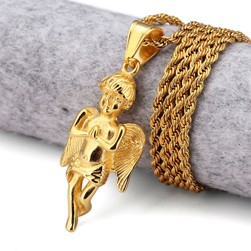 New Gold Small Angel Boy Pendant Necklace Titanium Steel Angels Punk Jewelry 60cm Rope Chain Men Women Christmas Gifts