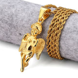 New Gold Small Angel Boy Pendant Necklace Titanium Steel Angels Punk Jewelry 60cm Rope Chain Men Women Christmas Gifts
