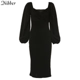 Nibber sexy pure V Neck off shoulder bodycon dress women autumn winter club party night red Elegant midi dress Mujer black dress
