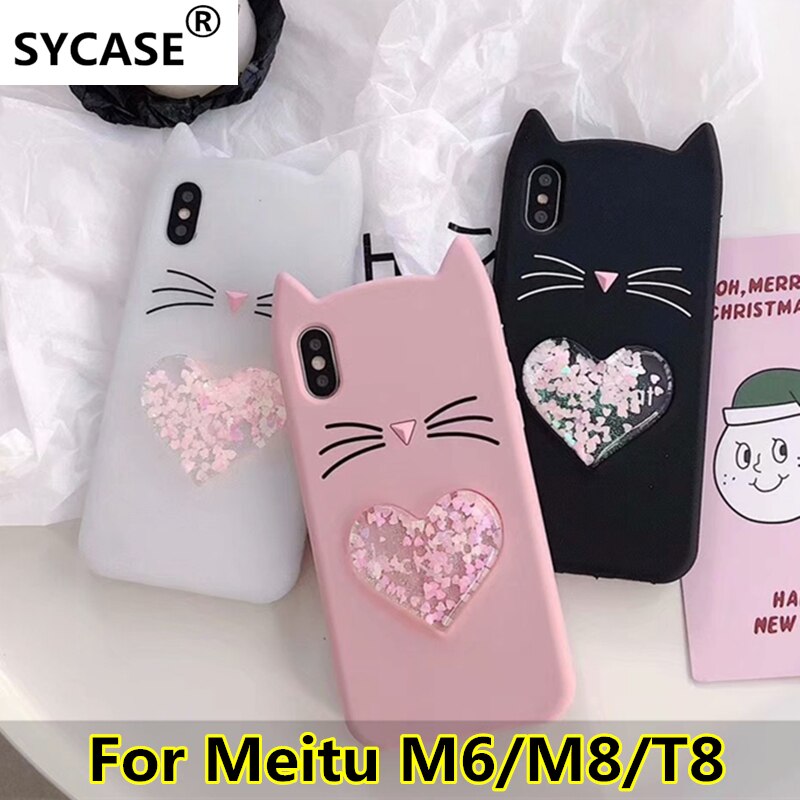 SYCASE Animal Beard Glitter Cat Ear Phone Case For Meitu M6 M8 T8 Soft Silicone Case Liquid heart quicksand case
