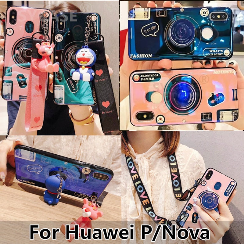 SYCASE Blu-ray retro camera soft case For Huawei P9 P10 P20 Plus P10 P20 lite Nona 2 2s 3i doll bracket Cover lanyard Couple Ms