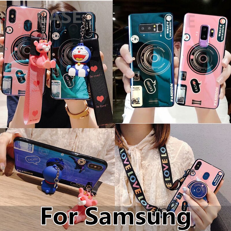 SYCASE Blu-ray retro camera soft case For Samsung Galaxy S7 Edge S8 S9 Plus Note8 Note9 doll bracket protective Cover lanyard