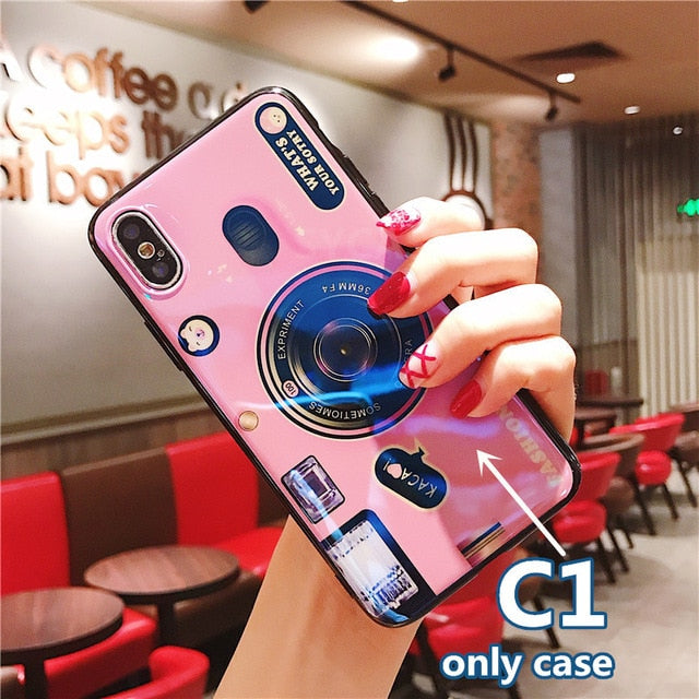 SYCASE Blu-ray retro camera soft phone case For iPhone X XR Xs Max 6 6S 7 8 Plus case with doll bracket lanyard protective Cover