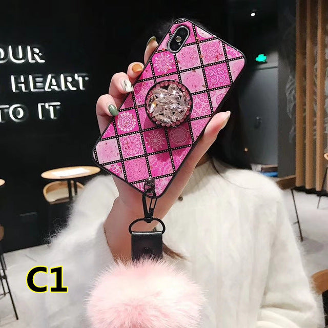 SYCASE Bracket + hair ball lanyard Epoxy phone case For iPhone 6 6S 7 8 Plus X XR Xs Max case National style grid back Cover