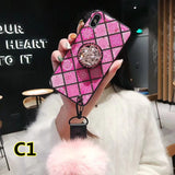 SYCASE Bracket + hair ball lanyard Epoxy phone case For iPhone 6 6S 7 8 Plus X XR Xs Max case National style grid back Cover