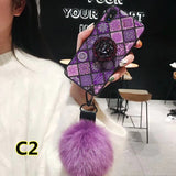 SYCASE Bracket + hair ball lanyard Epoxy phone case For iPhone 6 6S 7 8 Plus X XR Xs Max case National style grid back Cover