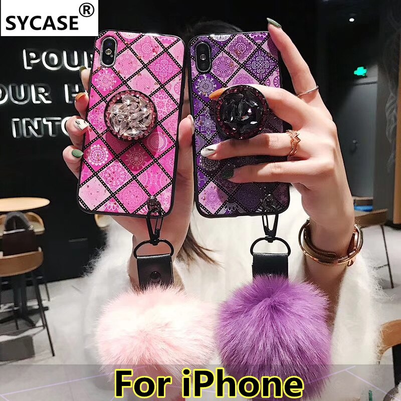 SYCASE Bracket + hair ball lanyard Epoxy phone case For iPhone 6 6S 7 8 Plus X XR Xs Max case National style grid back Cover