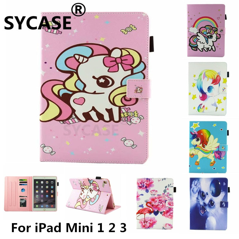 SYCASE Cartoon Unicorn For Apple iPad mini 1 2 3 Case Multi-Function Painted Flamingo Cat All-Inclusive Fall Protection Cover