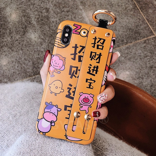 SYCASE China Style Text Cute Cartoon Shell For iPhone X Xs Max Xr 6 6s Plus 7 8 plus Case Wrist Strap Bracket Anti fall Cover Ms