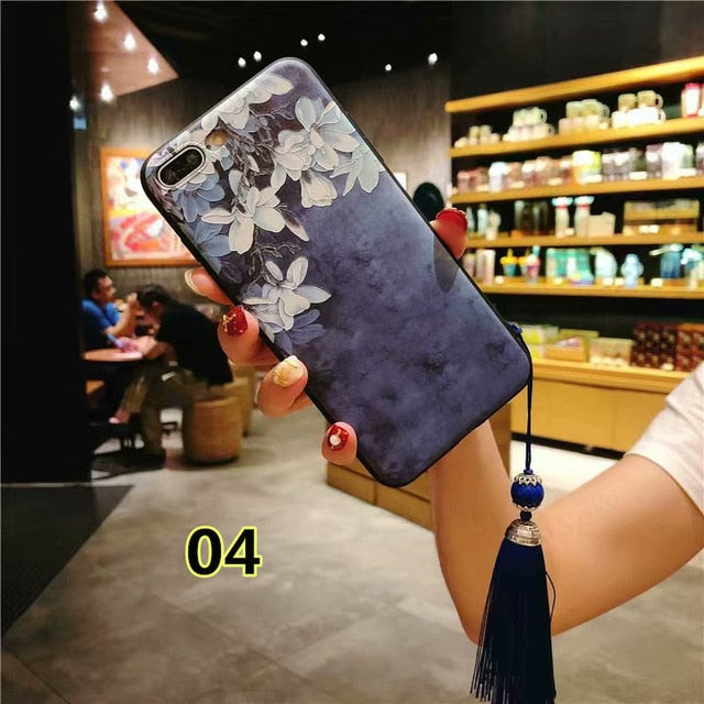 SYCASE China style tassel hanging For Samsung S8 S9 Plus Note8 Note9 Court totem flowers Silicone embossed painted  phone case