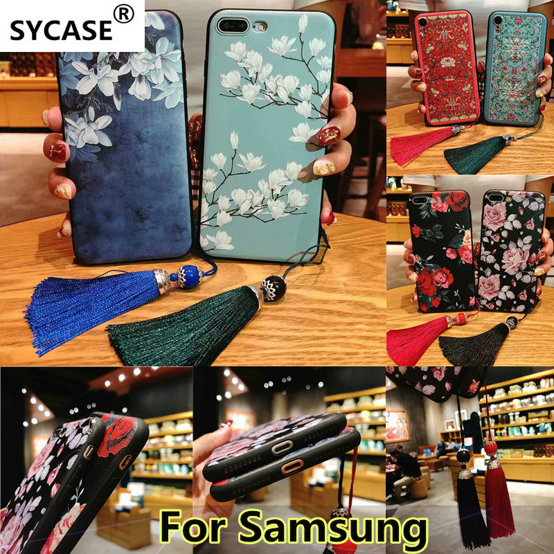SYCASE China style tassel hanging For Samsung S8 S9 Plus Note8 Note9 Court totem flowers Silicone embossed painted  phone case