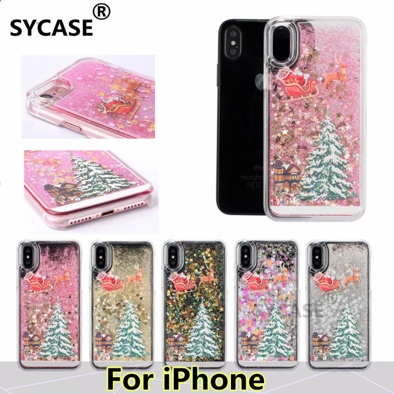 SYCASE Christmas Dynamic star Quicksand phonecase For iPhone 5 5S SE 6 7 8 Plus X Elk Sleigh Tree Santa Claus pattern Phone case