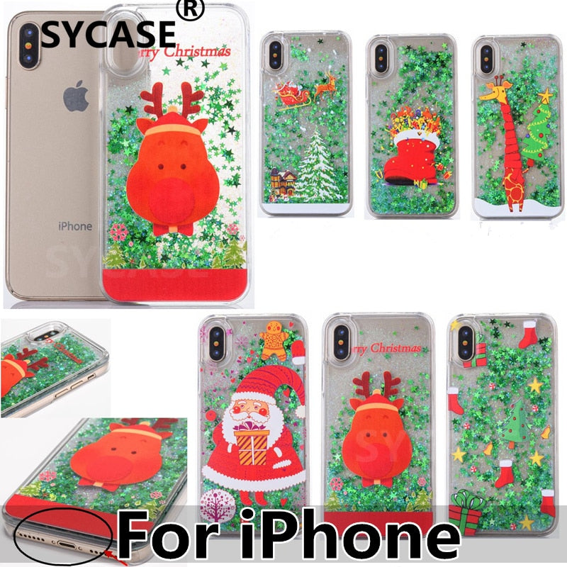 SYCASE Christmas Gift Phone Case for iPhone X XS XR XS Max 6 6S 7 8 Plus Santa Tree Flash Stars Smooth Sand Transparent Cover