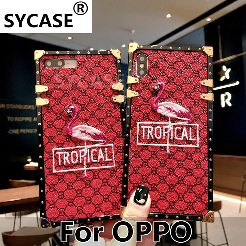 SYCASE Classic Embroidered Flamingo case For OPPO R9 R9s Plus R11 R11s Plus R15 Dream Fashion Square Anti-knock Protection Cover