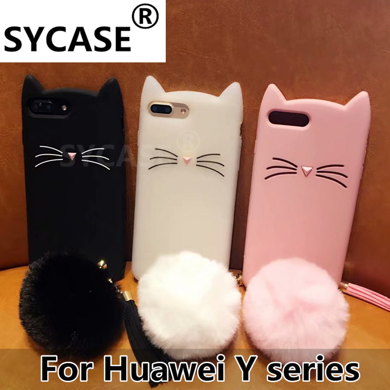 SYCASE Cute beard cat Silicagel Shell For Huawei Y5 Y6 Y7 Pro Y7 Prime Y5-2 Y6-2 Y5 Case cartoon hairball Anti-fall Cover Women