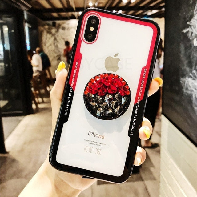 SYCASE Diamond stand Acrylic back sycase phone case For iPhone X XR Xs Max 6 6S 7 8 Plus case With crystal lanyard soft shell