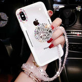 SYCASE Diamond stand Acrylic back sycase phone case For iPhone X XR Xs Max 6 6S 7 8 Plus case With crystal lanyard soft shell