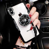 SYCASE Diamond stand Acrylic back sycase phone case For iPhone X XR Xs Max 6 6S 7 8 Plus case With crystal lanyard soft shell