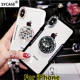 SYCASE Diamond stand Acrylic back sycase phone case For iPhone X XR Xs Max 6 6S 7 8 Plus case With crystal lanyard soft shell