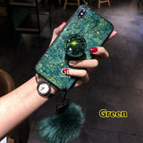 SYCASE Epoxy Green Purple phone case For iPhone 6 6S 7 8 Plus X XR Xs Max CASE Rhinestone Stand Hair Ball Fashion Soft Cover