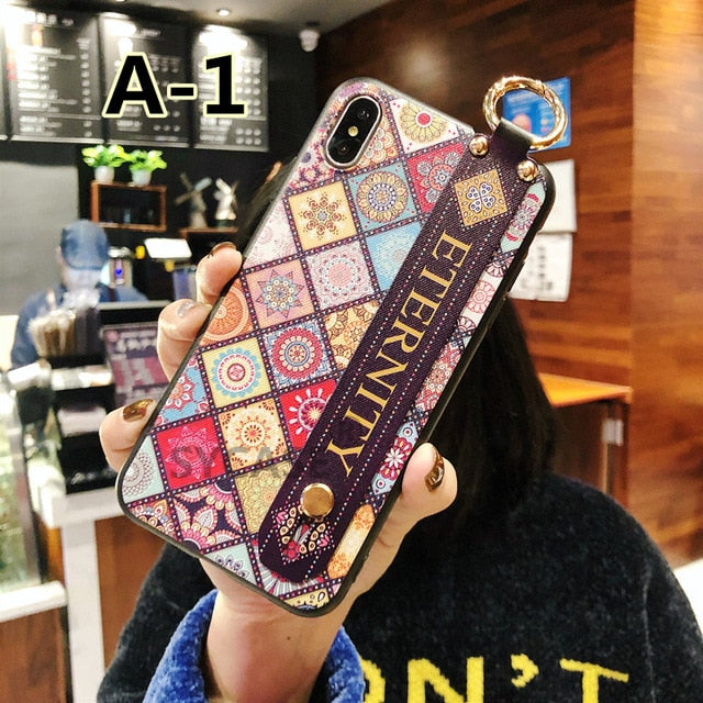 SYCASE Ethnic style Retro Rhombic flowers shell For iPhone 6 6s plus 7 8 plus Case Wrist strap bracket Lanyard protection Cover