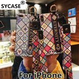 SYCASE Ethnic style Retro Rhombic flowers shell For iPhone 6 6s plus 7 8 plus Case Wrist strap bracket Lanyard protection Cover