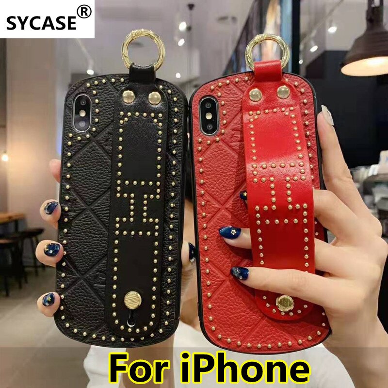 SYCASE Fashion Portable Leather Phone Case For iPhone XR X Xs Max 6 6S 7 8 Plus Case Curved Wrist Band Protective Cover