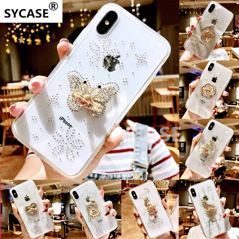SYCASE Fashion Women Clear Cover For iPhone 6 6S 7 8 Plus X XR Xs Max case Diamond Finger Ring Stand Hold Cute Girl phone case