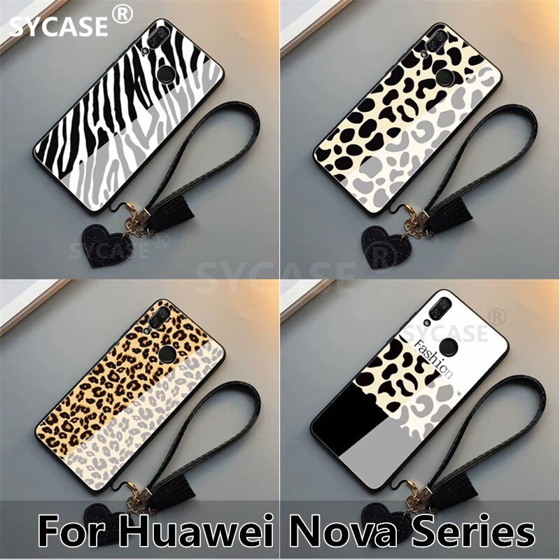 SYCASE Fashion leopard Tempered glass Shell For Huawei Nova 2s 2Plus Nova3 Nova 3e 3i Case Wristband drop protection cover Women