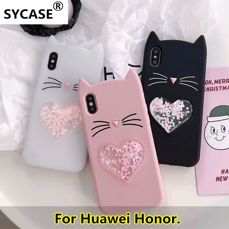 SYCASE For Huawei Honor 8Lite 9 V9 V10 6X Animal Beard Glitter Cat Ear Liquid heart quicksand Soft Silicone Phone Case
