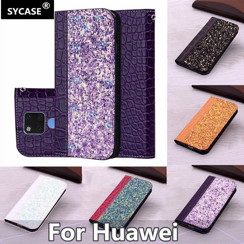 SYCASE For Huawei Mate 10 20 X P20 PRO Lite Honor 9Lite 10 7A 7X Y6 Prime 2018 stitching sequins flash Crocodile leather case