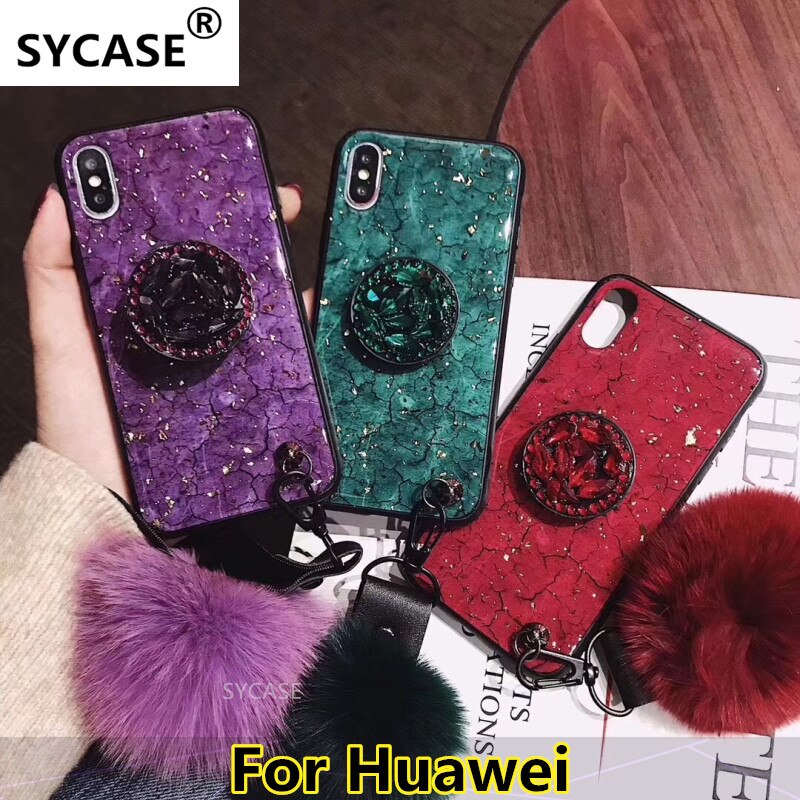 SYCASE For Huawei P20 Mate 20 Pro Lite Nova 2S 3 3i 3E phonecase Epoxy Fashion Green Purple Rhinestone Stand Hair Ball Soft Case