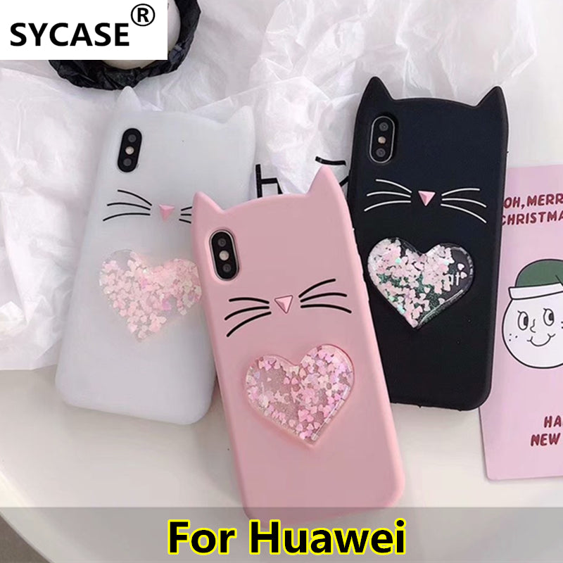 SYCASE For Huawei P8 P9 P10 Lite 2017 P10 Lite Plus Animal Beard Glitter Cat Ear Liquid heart quicksand Soft Silicone Phone Case