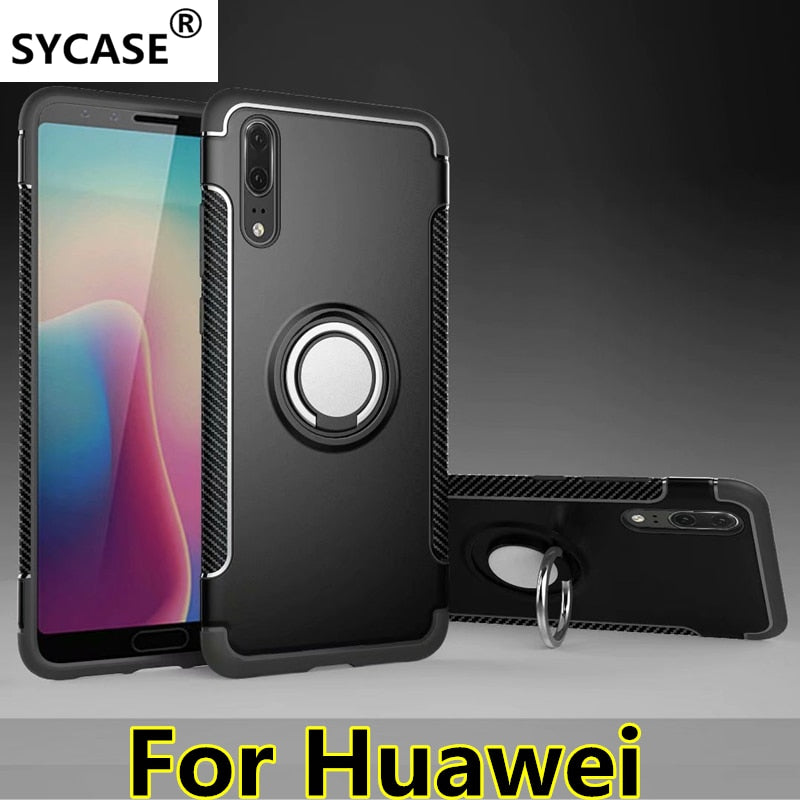 SYCASE For Huawei P9 plus P10 Lite Plus P20 Lite P20pro Hybrid Silicone PC Rugged Armor with Metal Finger Ring Holder phone case
