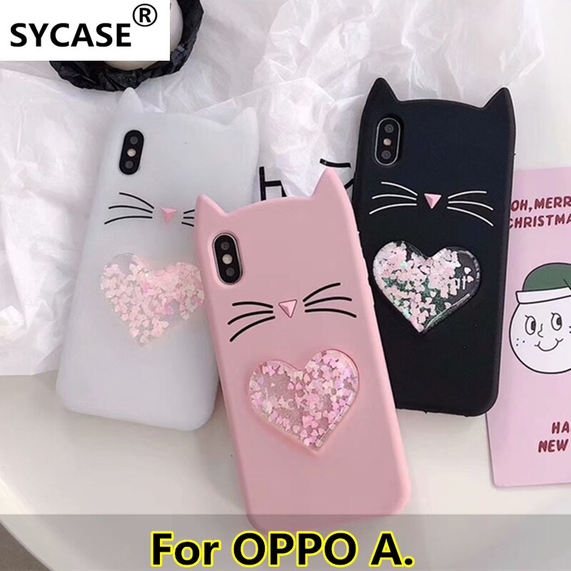 SYCASE For OPPO A37 A39 A57 A59 A77 A83 A73 A79 F3 Animal Beard Glitter Cat Ear Liquid heart quicksand Soft Silicone Phone Case