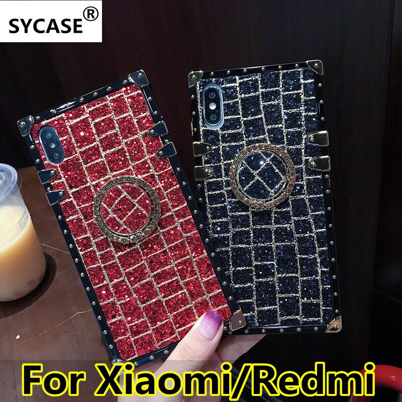 SYCASE For Redmi K20 New Fashion Tide Square Case For Redmi 7 Note7 Case Bing grid with Ring back cover For xiaomi 9