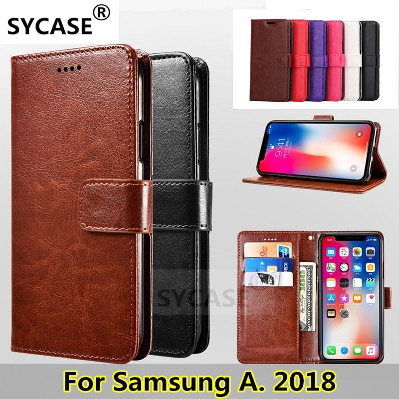 SYCASE For Samsung A5 A6 A7 A8 Plus 2018 Business Crazy Horse Grain PhoneCase Protector Flip Leather Case Cover Wallet type case