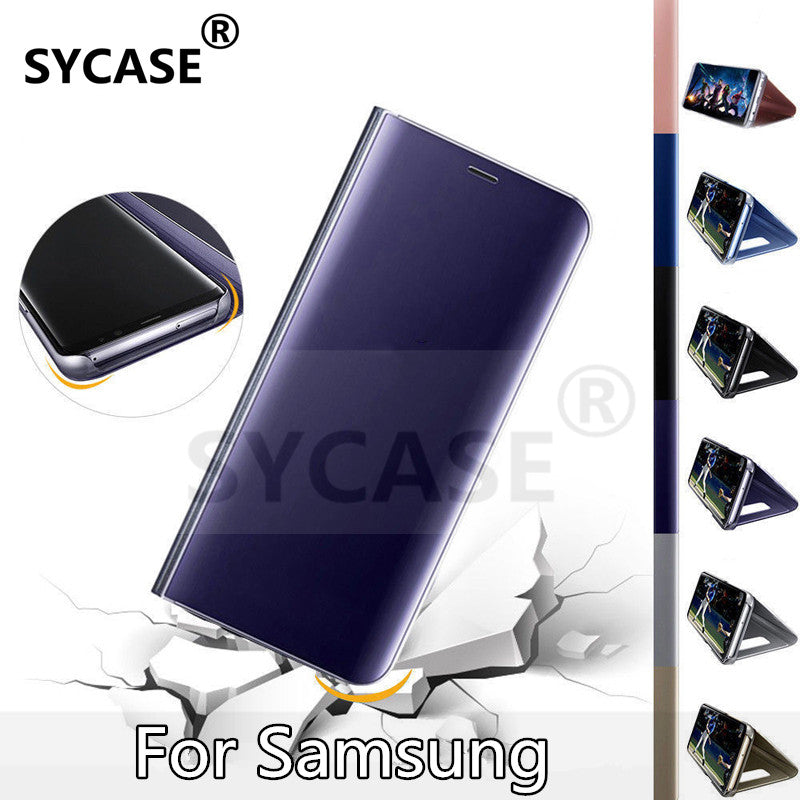 SYCASE For Samsung Galaxy S7 S6 Edge S8 S9 Plus Luxury Flip Cover Leather Smart Chip Case Clear View Standing Mirror Case