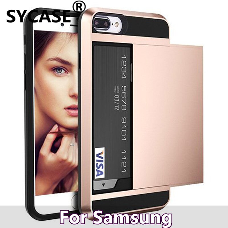 SYCASE For Samsung J4Pro J6Pro J3 J7 2018 Hybrid Case Slide Card Slot Holder Hybrid Soft Silicone Hard Plastic Armor Back Cover
