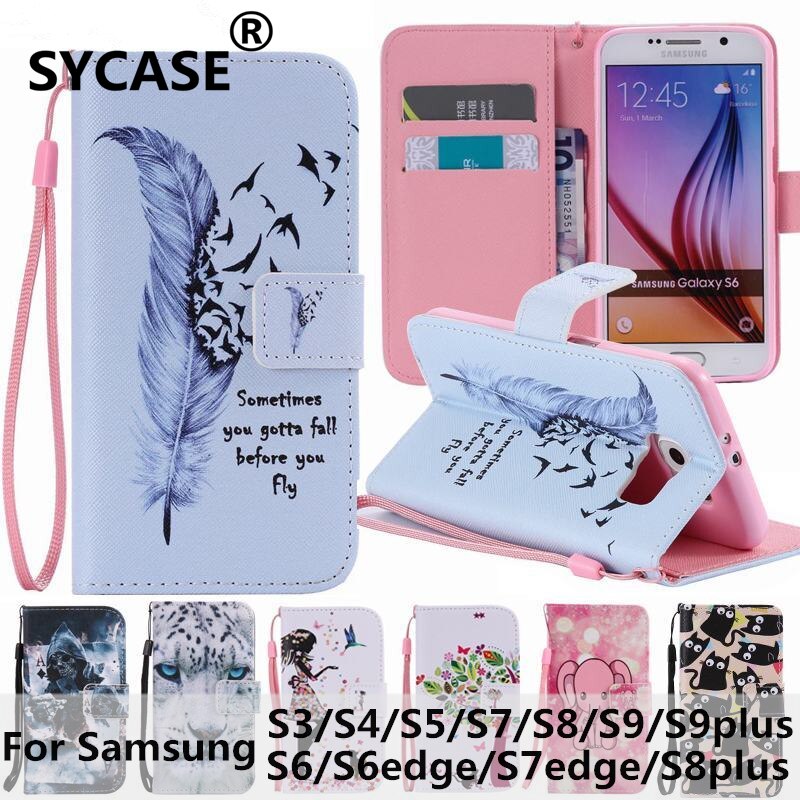 SYCASE For Samsung S3 4 5 6 S7 edge S8 S9 plus Flip Case Painted Card Wallet Stand Luxury PU Leather Painted Cartoon Phone Bag