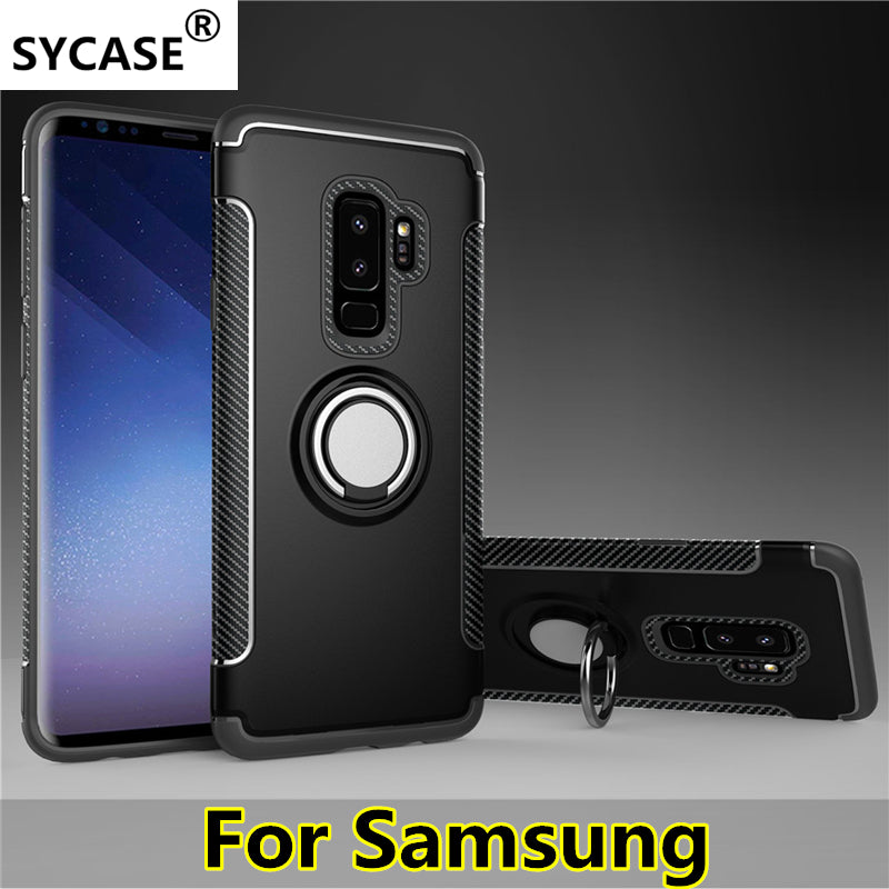 SYCASE For Samsung S7 edge S8 S9 Plus Note9 8 C8 A6 PlusHybrid Silicone PC Rugged Armor with Metal Finger Ring Holder phone case