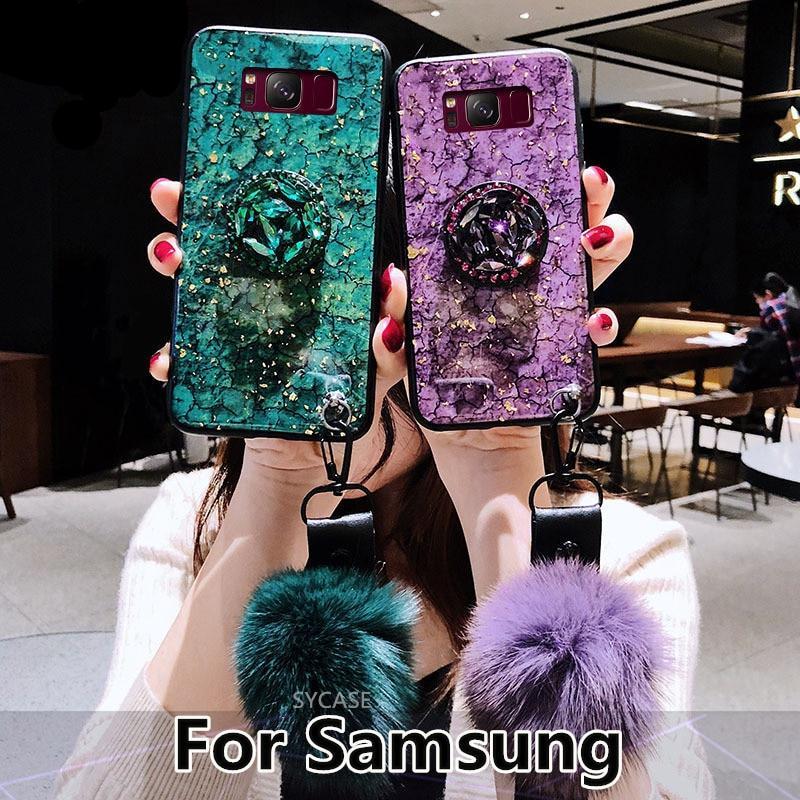 CASE For Samsung S7 edge S8 S9 S10 Plus Note 8 9 case Fashion Epoxy Green Purple Red Rhinestone stand Hair Ball soft phonecase