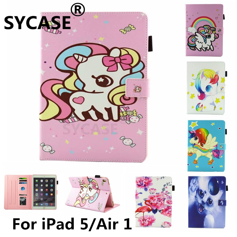 SYCASE For iPad 6 Air2 Case Cartoon Unicorn Cover For iPad 5 Air Case Multi-Function Painted Flamingo Cat All-Inclusive Cover